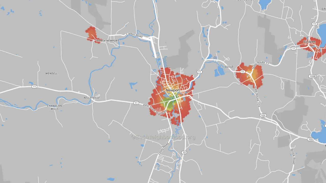 Walk Grade map of 03773, NH, walkable areas in green and car-dependent areas in red