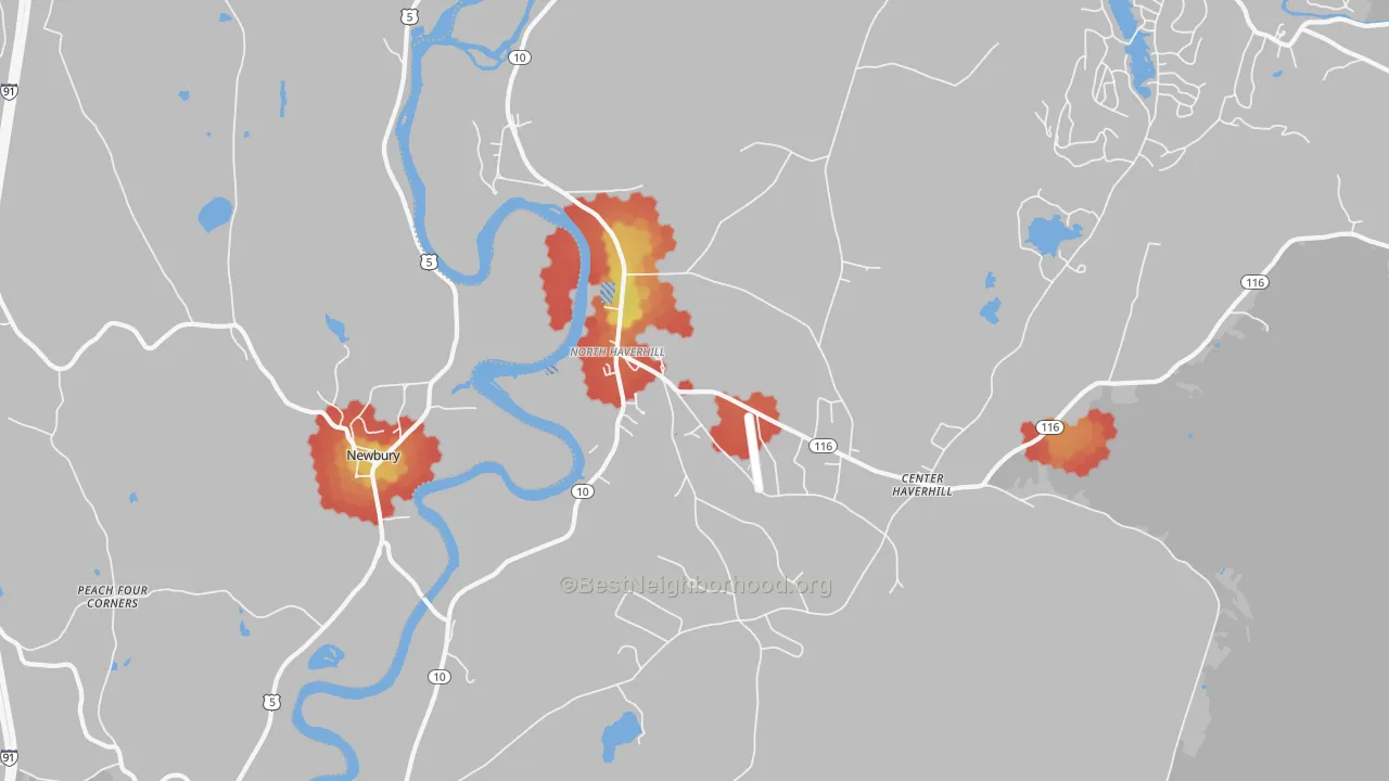 Walk Grade map of 03774, NH, walkable areas in green and car-dependent areas in red