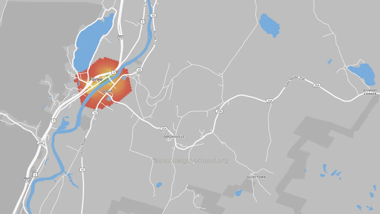 Walk Grade map of 03777, NH, walkable areas in green and car-dependent areas in red