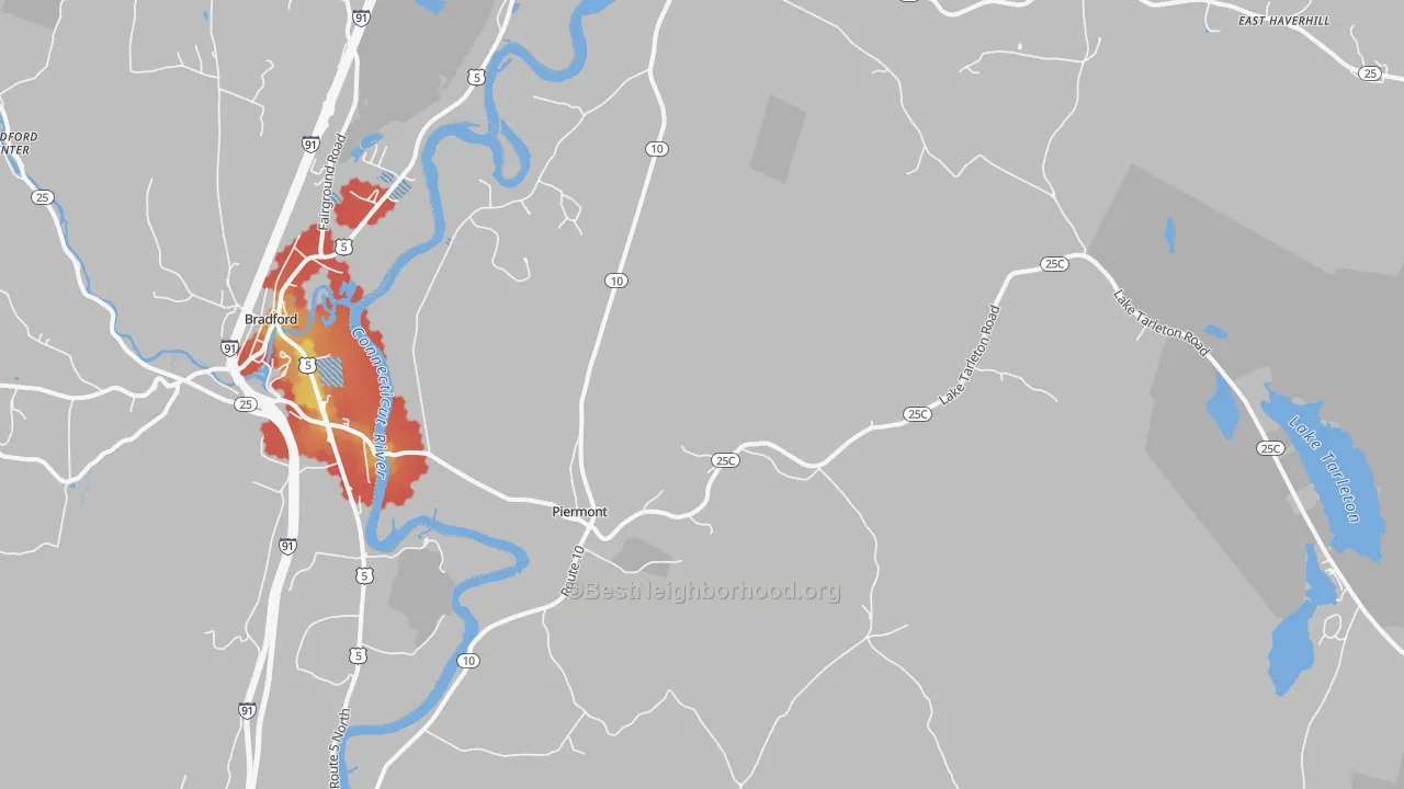 Walk Grade map of 03779, NH, walkable areas in green and car-dependent areas in red