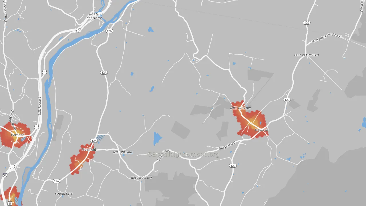 Walk Grade map of 03781, NH, walkable areas in green and car-dependent areas in red