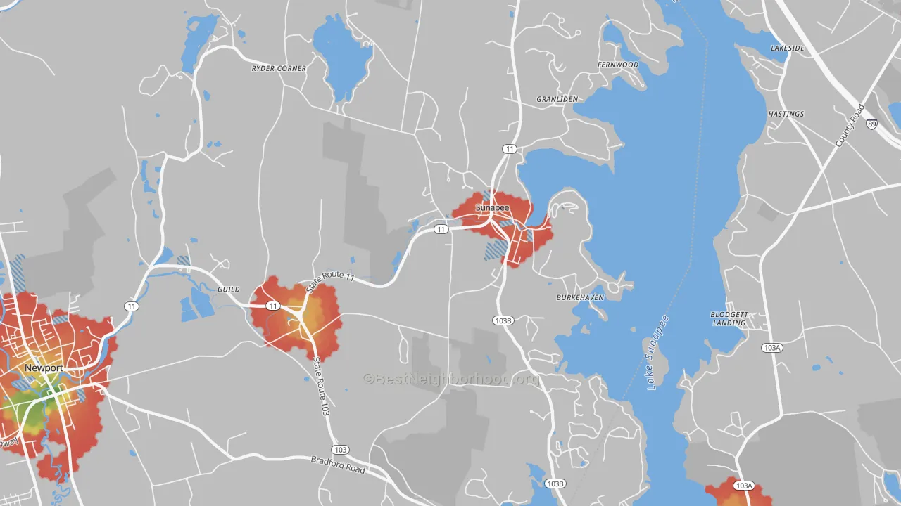 Walk Grade map of 03782, NH, walkable areas in green and car-dependent areas in red