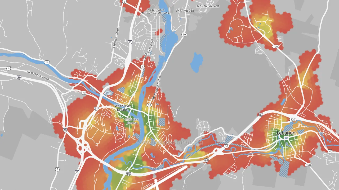 Walk Grade map of 03784, NH, walkable areas in green and car-dependent areas in red