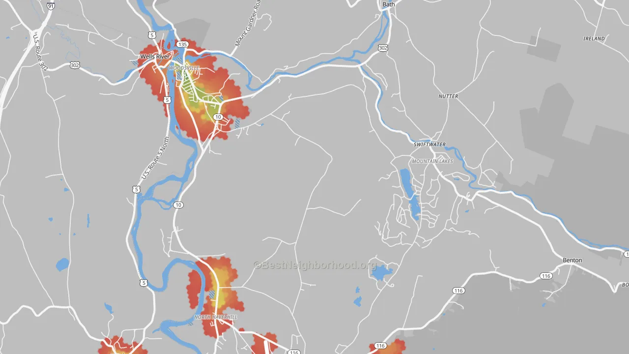 Walk Grade map of 03785, NH, walkable areas in green and car-dependent areas in red