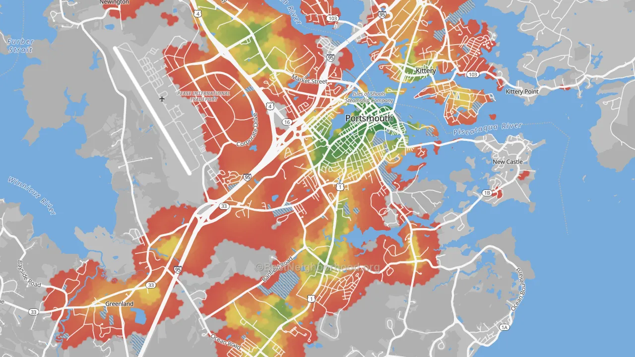 Walk Grade map of 03801, NH, walkable areas in green and car-dependent areas in red