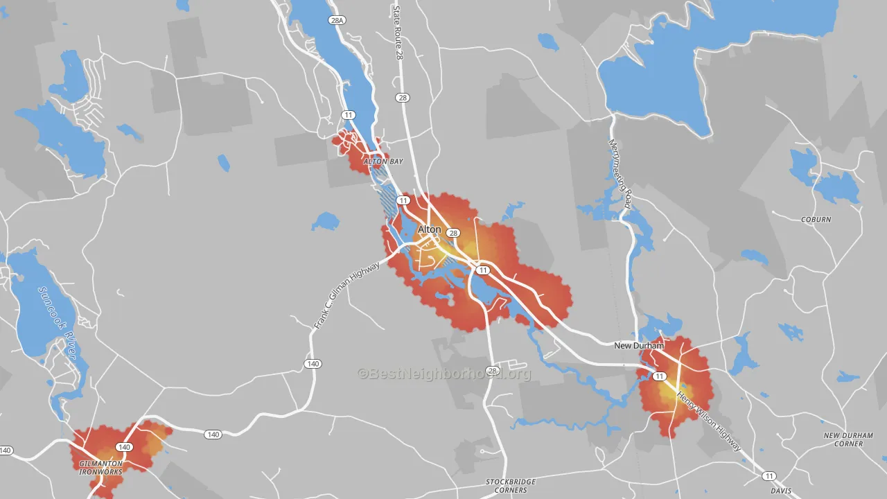 Walk Grade map of 03809, NH, walkable areas in green and car-dependent areas in red