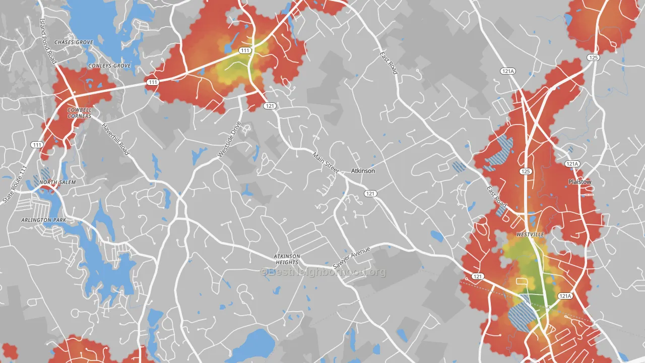 Walk Grade map of 03811, NH, walkable areas in green and car-dependent areas in red