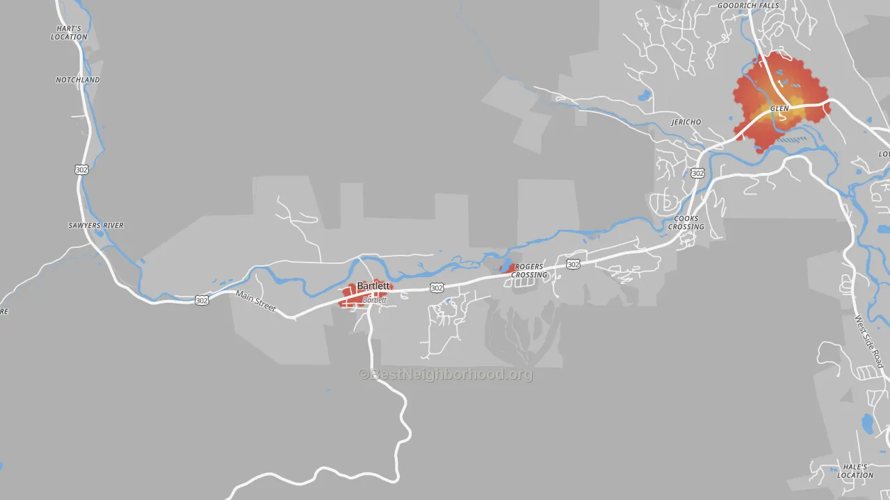 Walk Grade map of 03812, NH, walkable areas in green and car-dependent areas in red