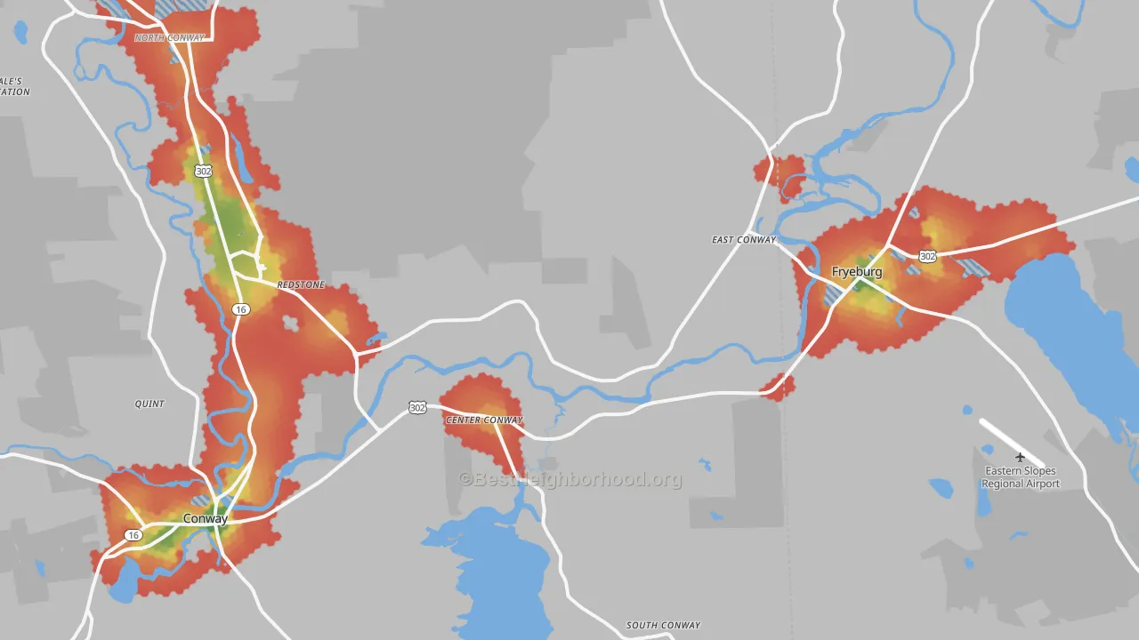 Walk Grade map of 03813, NH, walkable areas in green and car-dependent areas in red