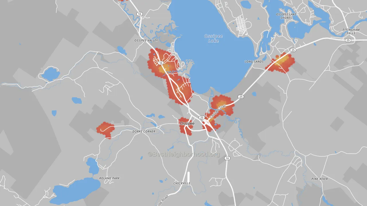Walk Grade map of 03814, NH, walkable areas in green and car-dependent areas in red