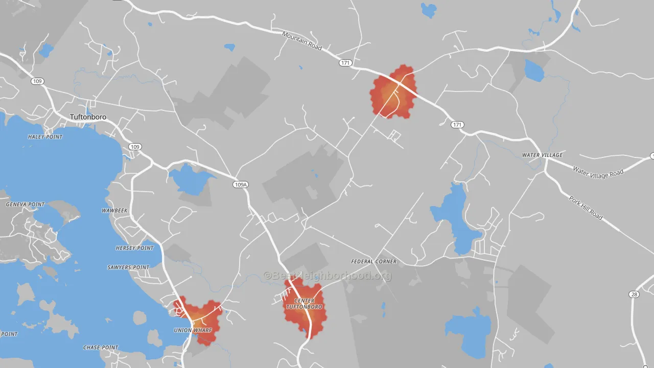 Walk Grade map of 03816, NH, walkable areas in green and car-dependent areas in red