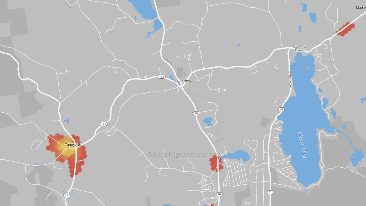 Walk Grade map of 03817, NH, walkable areas in green and car-dependent areas in red