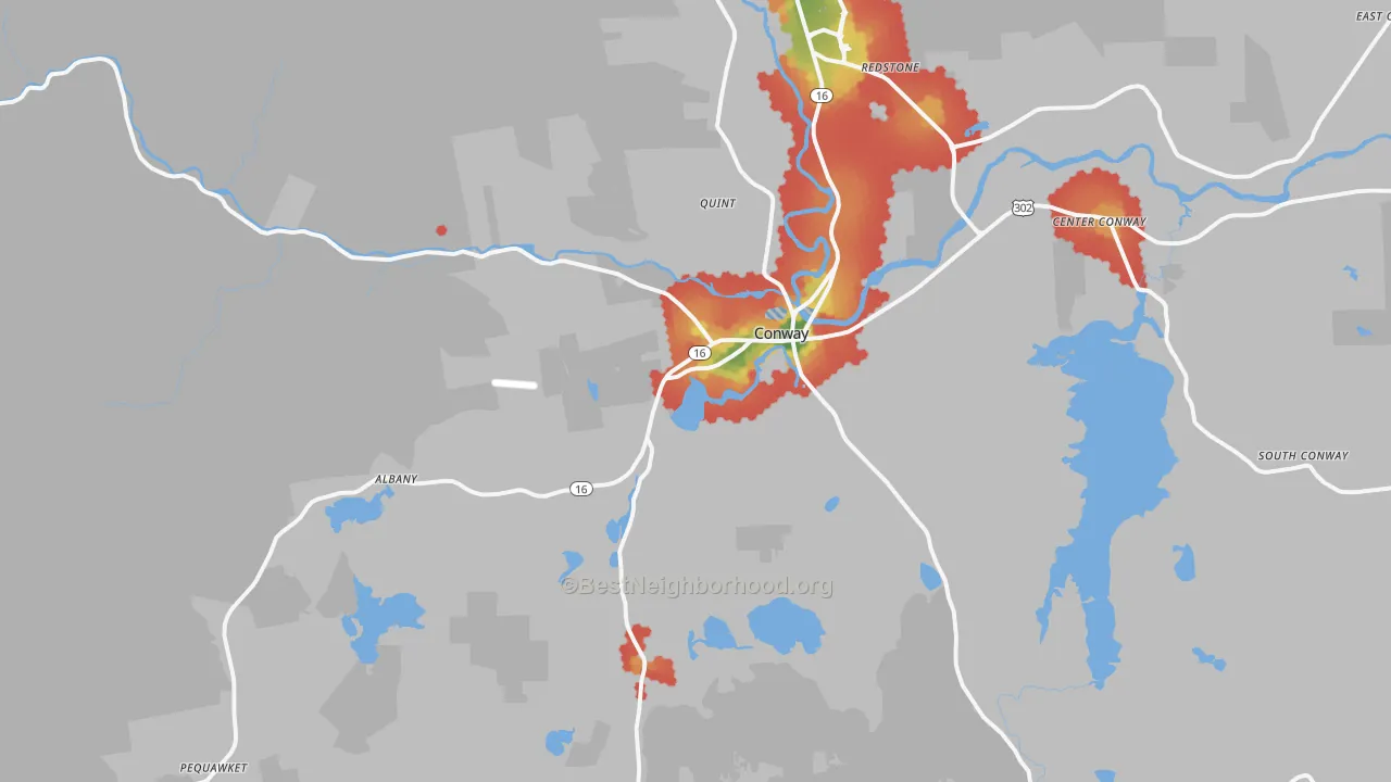 Walk Grade map of 03818, NH, walkable areas in green and car-dependent areas in red