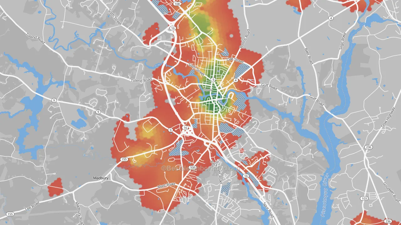Walk Grade map of 03820, NH, walkable areas in green and car-dependent areas in red