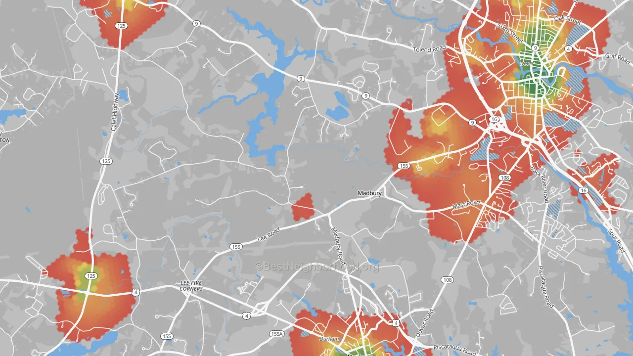 Walk Grade map of 03823, NH, walkable areas in green and car-dependent areas in red