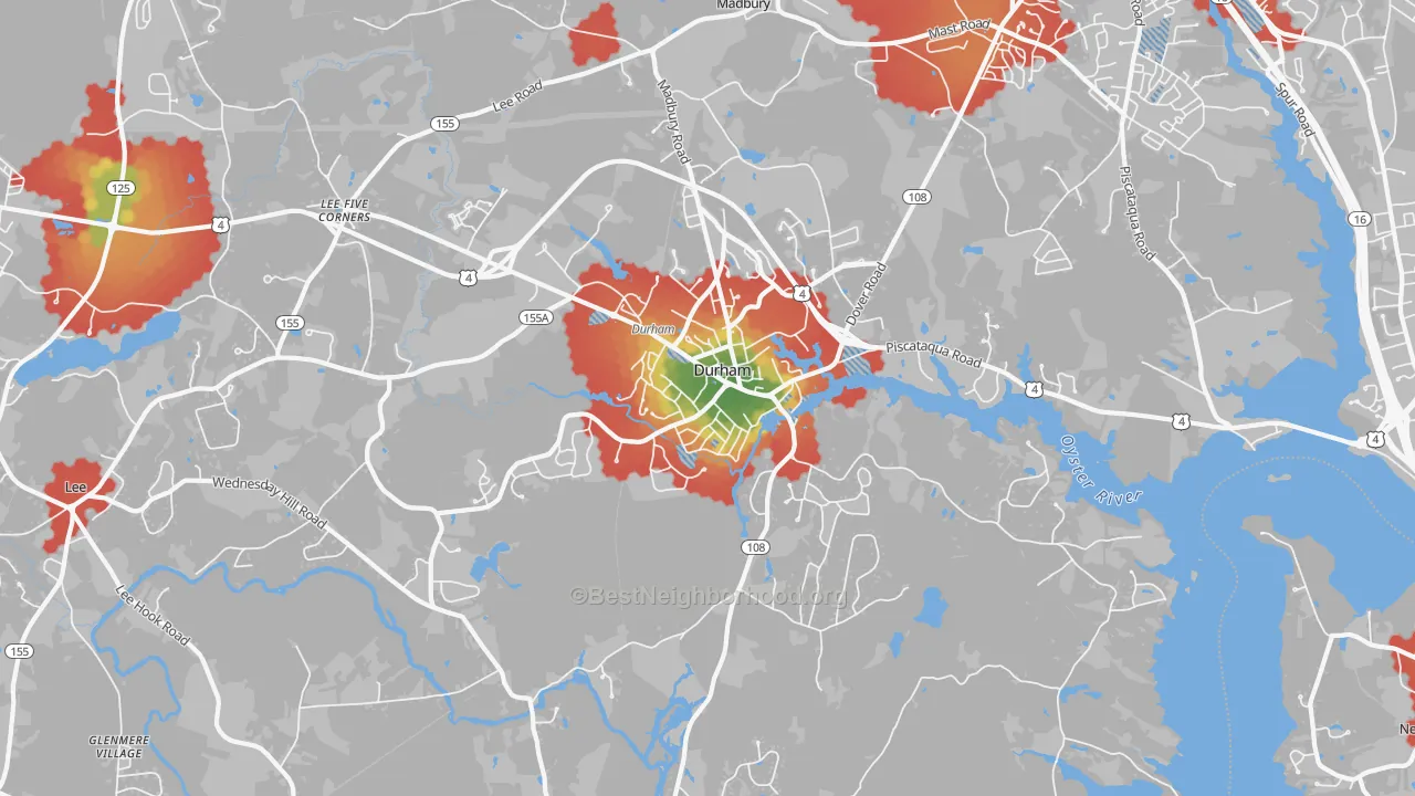 Walk Grade map of 03824, NH, walkable areas in green and car-dependent areas in red