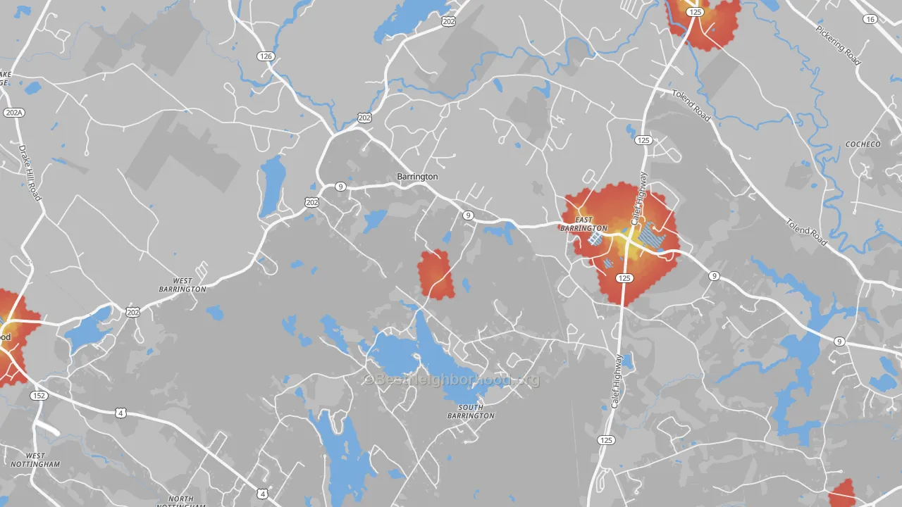 Walk Grade map of 03825, NH, walkable areas in green and car-dependent areas in red