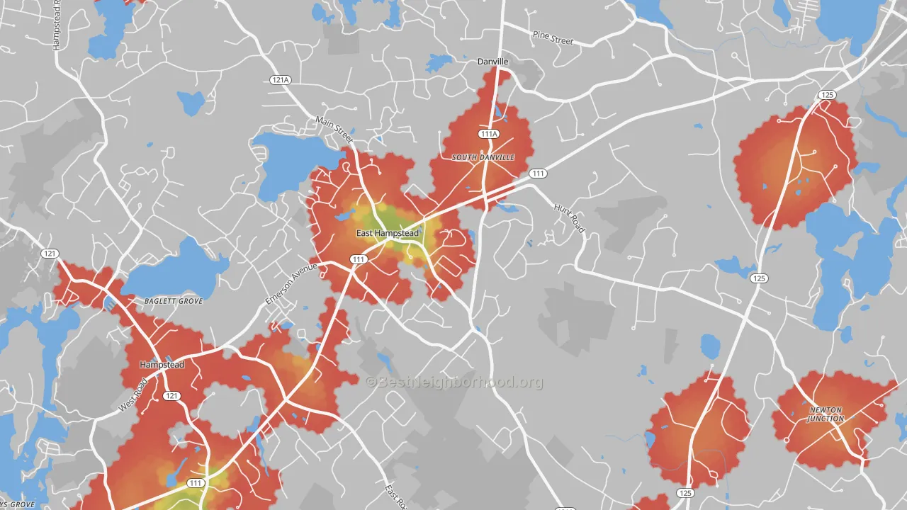 Walk Grade map of 03826, NH, walkable areas in green and car-dependent areas in red