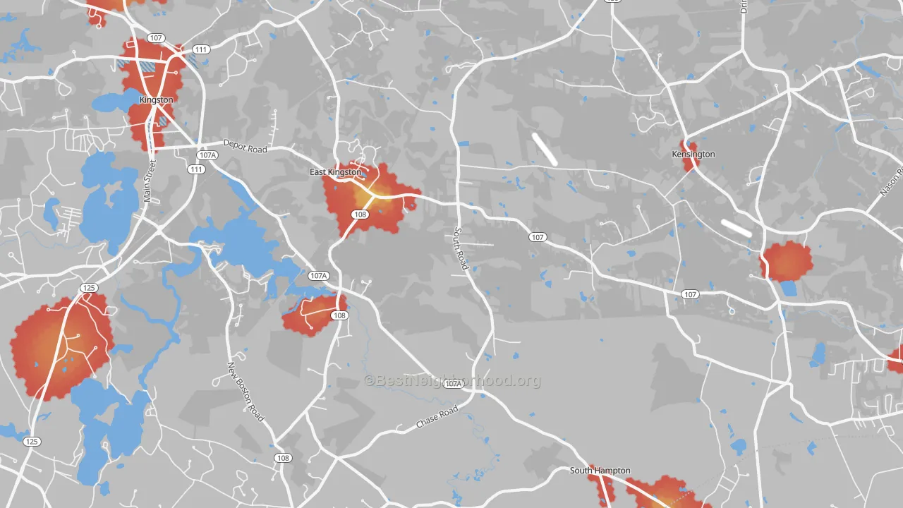Walk Grade map of 03827, NH, walkable areas in green and car-dependent areas in red