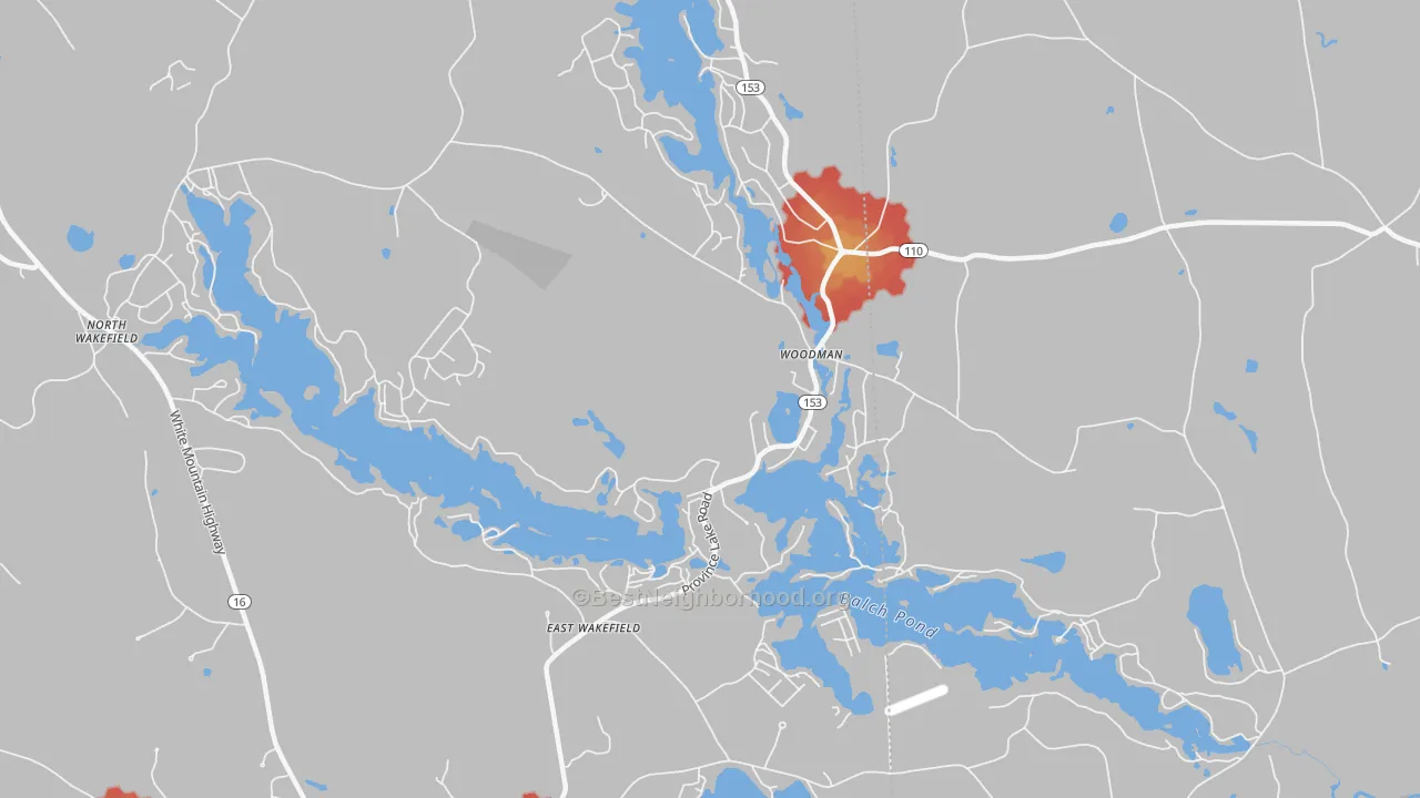 Walk Grade map of 03830, NH, walkable areas in green and car-dependent areas in red