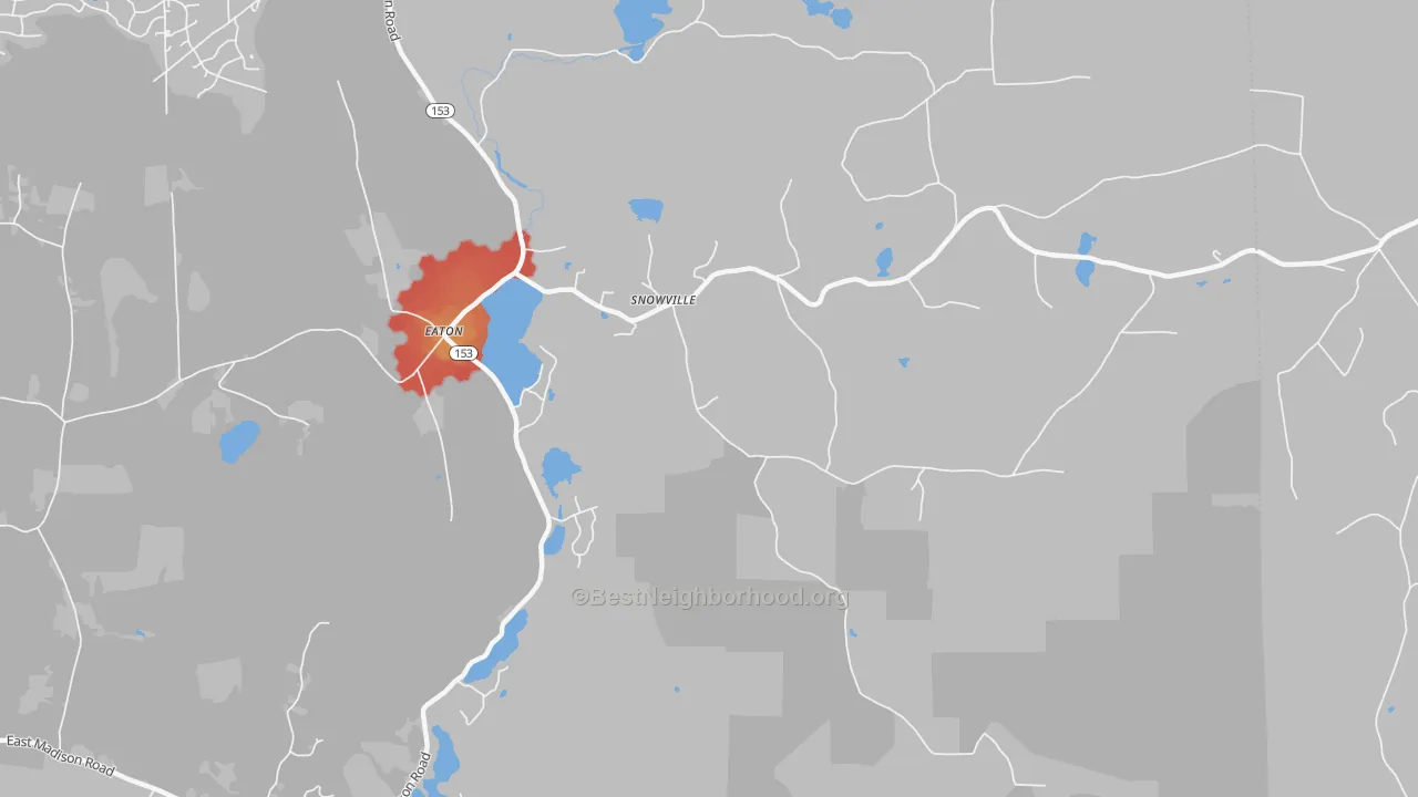 Walk Grade map of 03832, NH, walkable areas in green and car-dependent areas in red