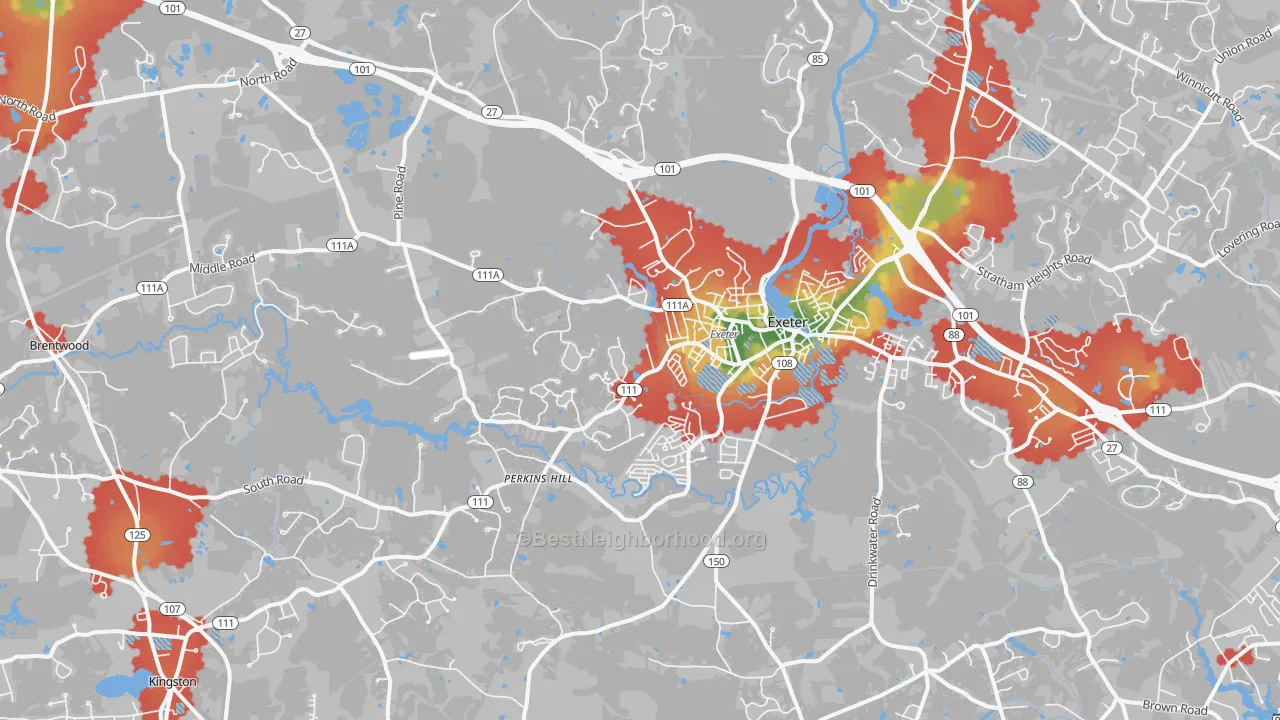 Walk Grade map of 03833, NH, walkable areas in green and car-dependent areas in red