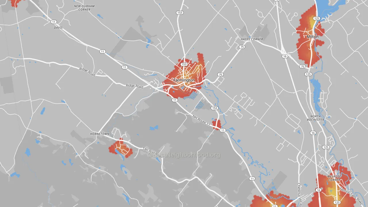 Walk Grade map of 03835, NH, walkable areas in green and car-dependent areas in red