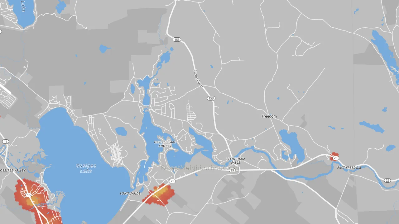 Walk Grade map of 03836, NH, walkable areas in green and car-dependent areas in red