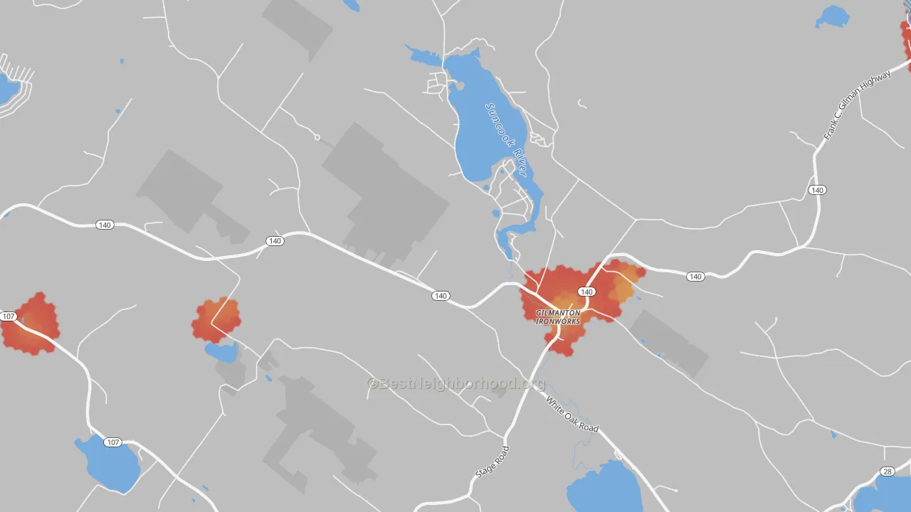 Walk Grade map of 03837, NH, walkable areas in green and car-dependent areas in red