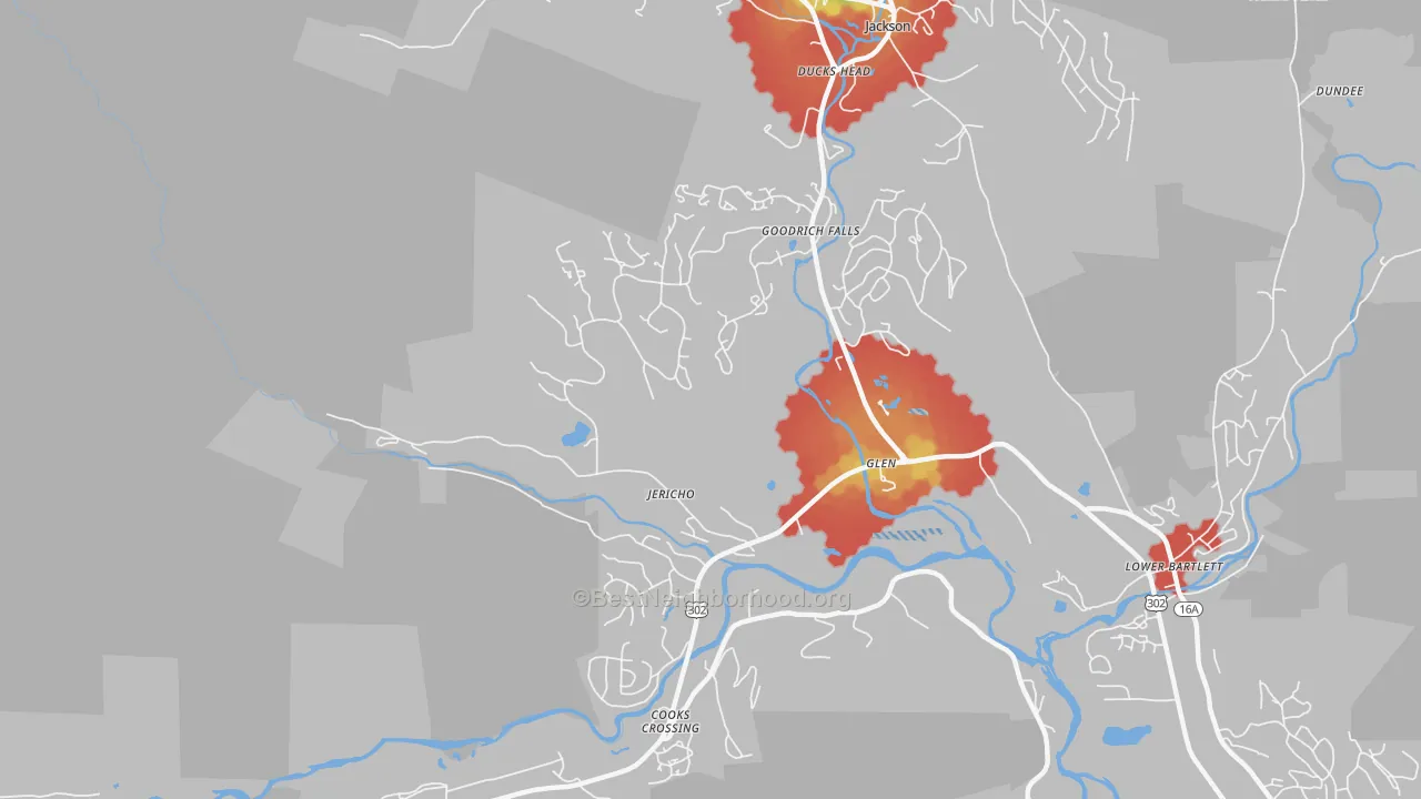 Walk Grade map of 03838, NH, walkable areas in green and car-dependent areas in red