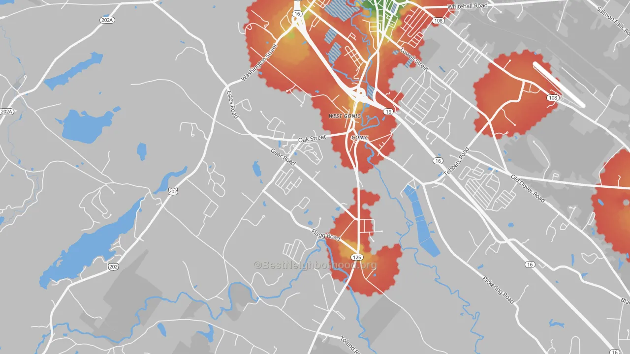 Walk Grade map of 03839, NH, walkable areas in green and car-dependent areas in red