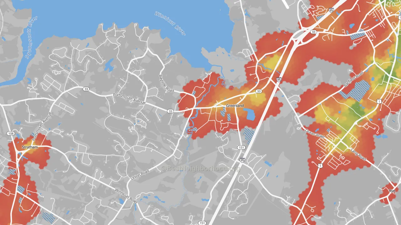 Walk Grade map of 03840, NH, walkable areas in green and car-dependent areas in red