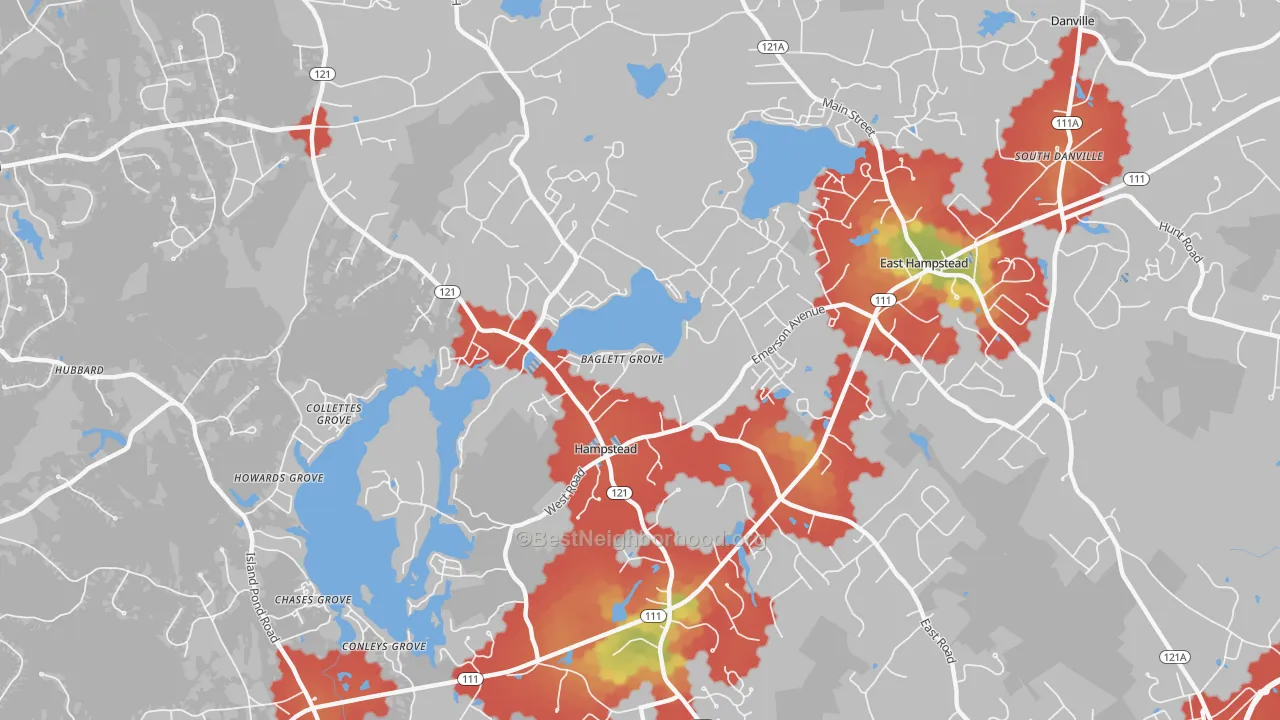 Walk Grade map of 03841, NH, walkable areas in green and car-dependent areas in red