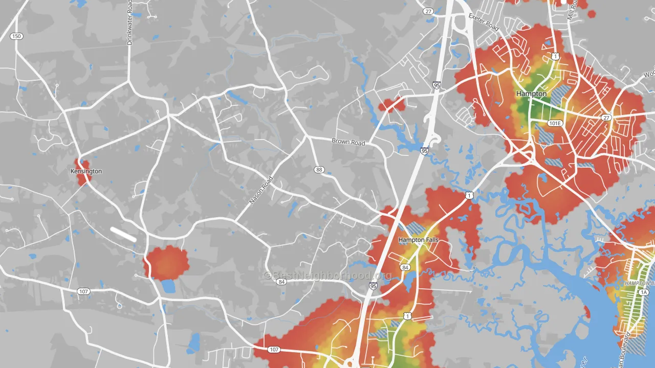 Walk Grade map of 03844, NH, walkable areas in green and car-dependent areas in red
