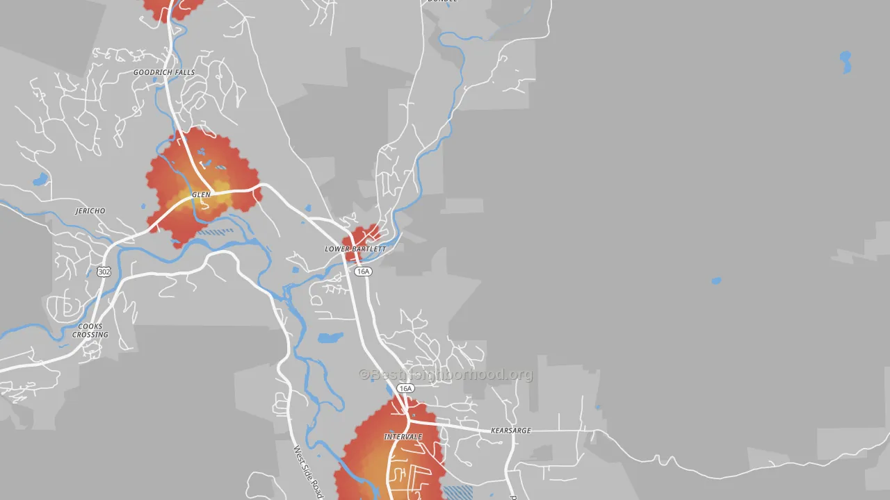 Walk Grade map of 03845, NH, walkable areas in green and car-dependent areas in red