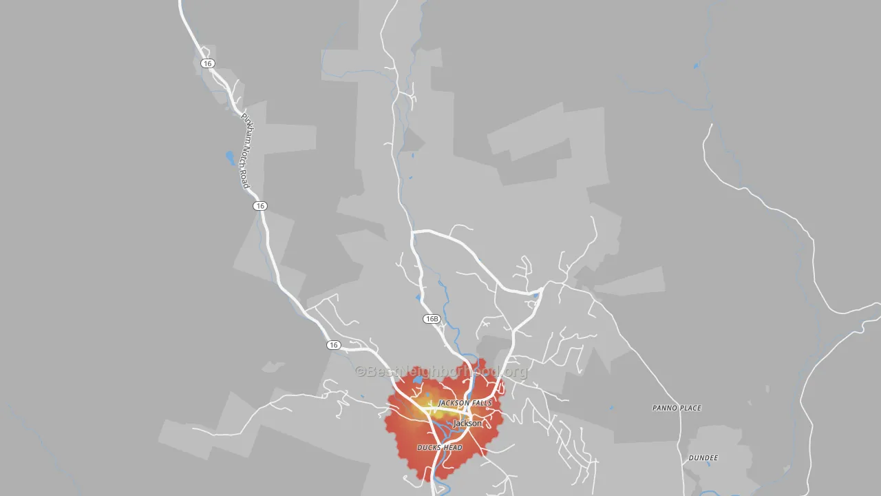 Walk Grade map of 03846, NH, walkable areas in green and car-dependent areas in red