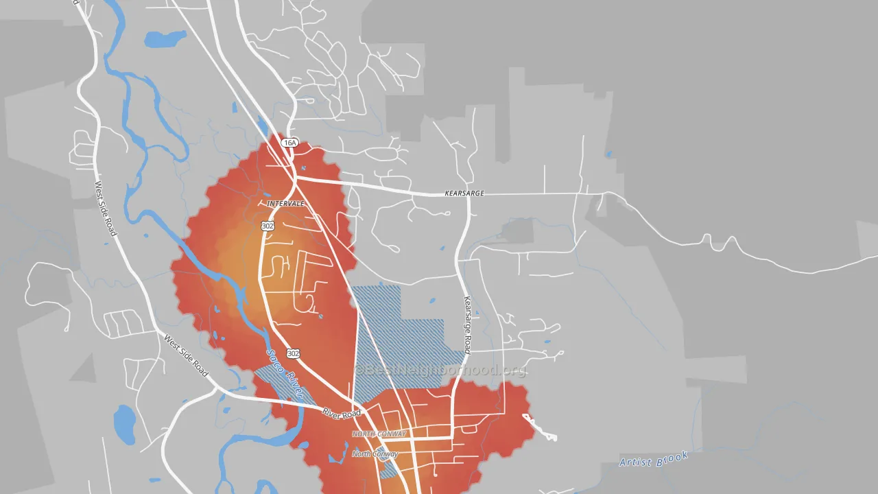 Walk Grade map of 03847, NH, walkable areas in green and car-dependent areas in red