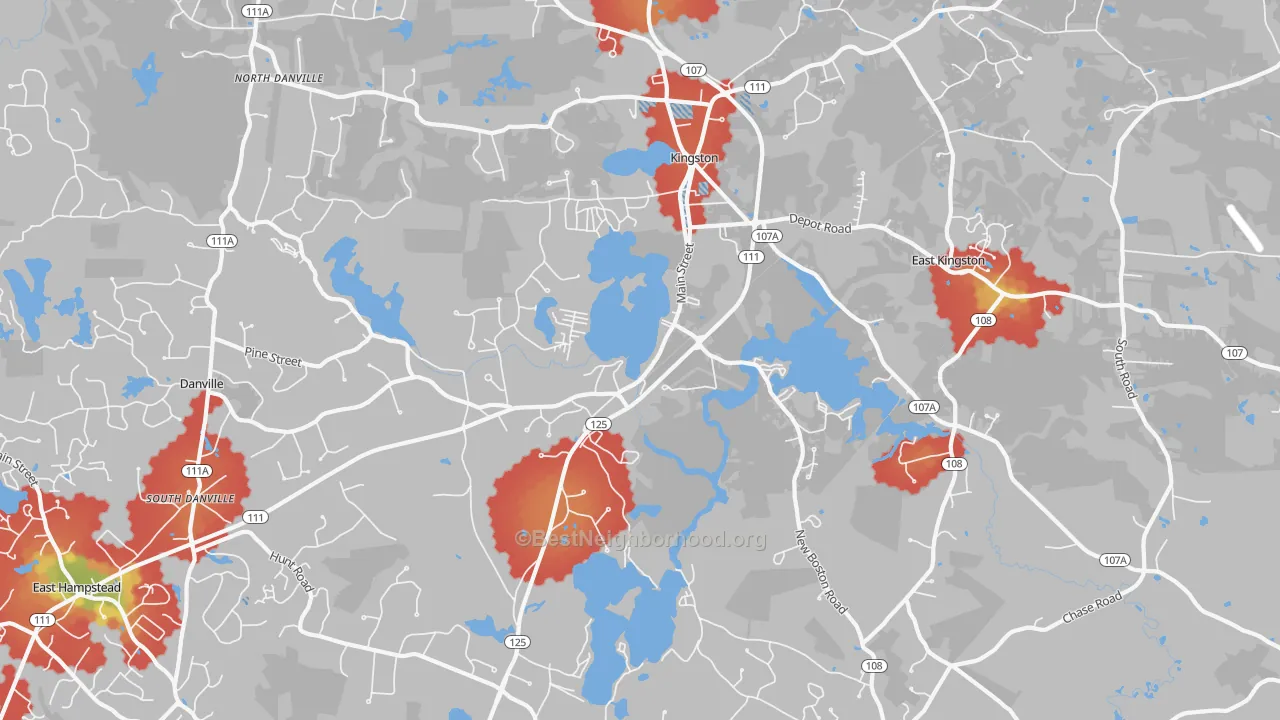 Walk Grade map of 03848, NH, walkable areas in green and car-dependent areas in red