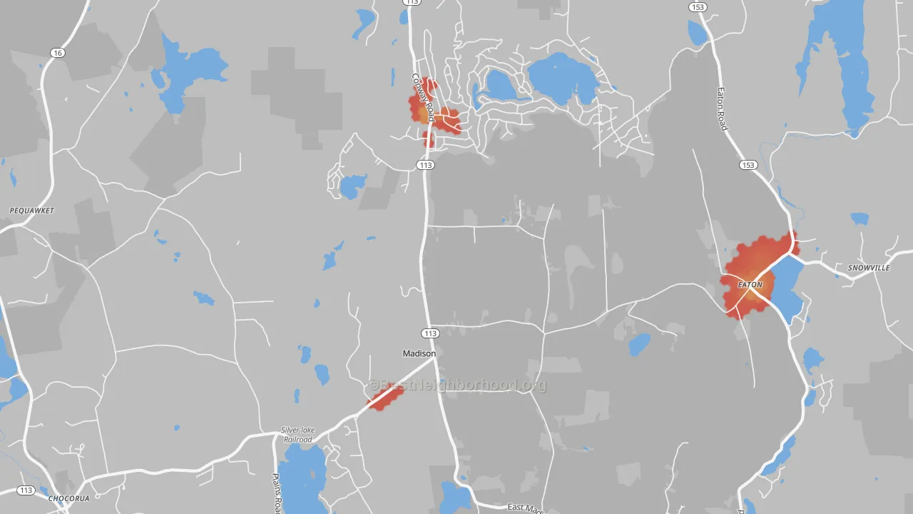 Walk Grade map of 03849, NH, walkable areas in green and car-dependent areas in red