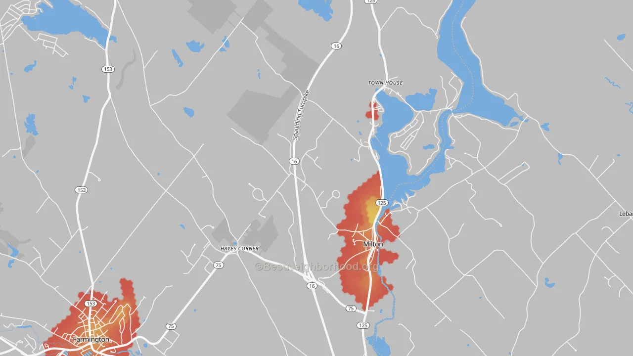 Walk Grade map of 03851, NH, walkable areas in green and car-dependent areas in red