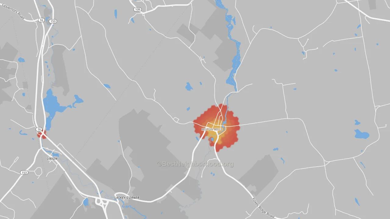 Walk Grade map of 03852, NH, walkable areas in green and car-dependent areas in red
