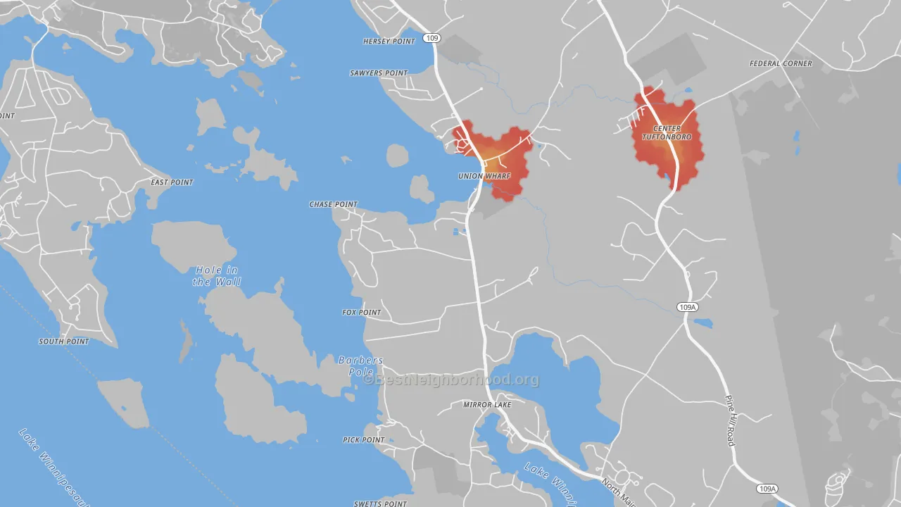 Walk Grade map of 03853, NH, walkable areas in green and car-dependent areas in red
