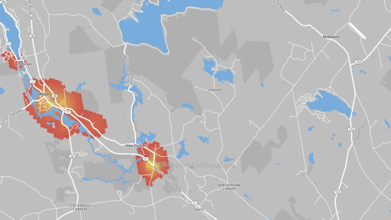 Walk Grade map of 03855, NH, walkable areas in green and car-dependent areas in red