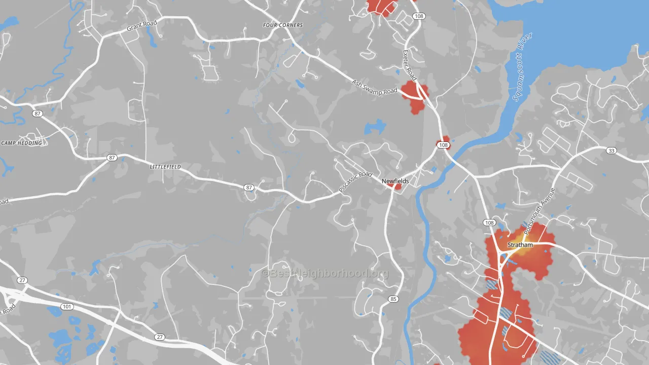 Walk Grade map of 03856, NH, walkable areas in green and car-dependent areas in red
