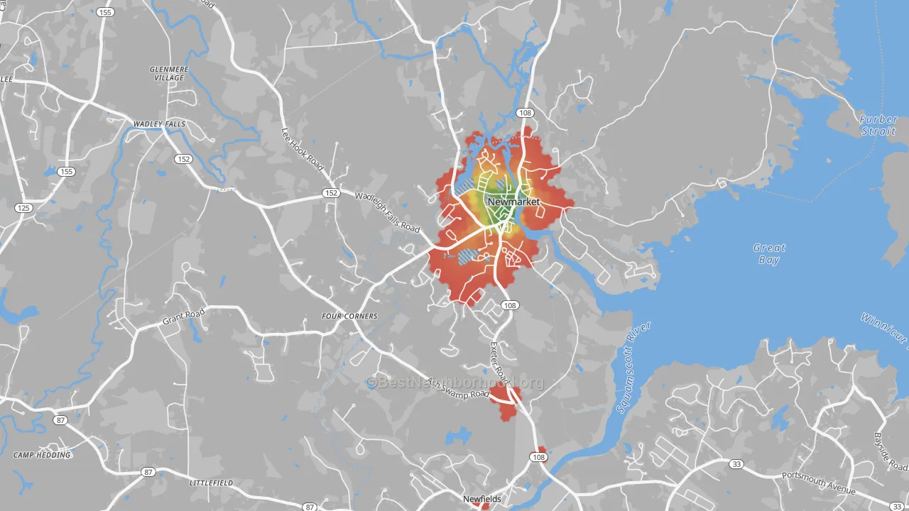 Walk Grade map of 03857, NH, walkable areas in green and car-dependent areas in red