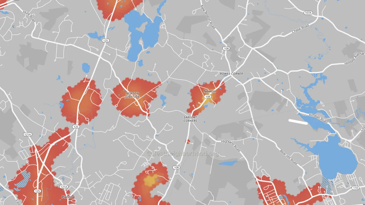 Walk Grade map of 03858, NH, walkable areas in green and car-dependent areas in red