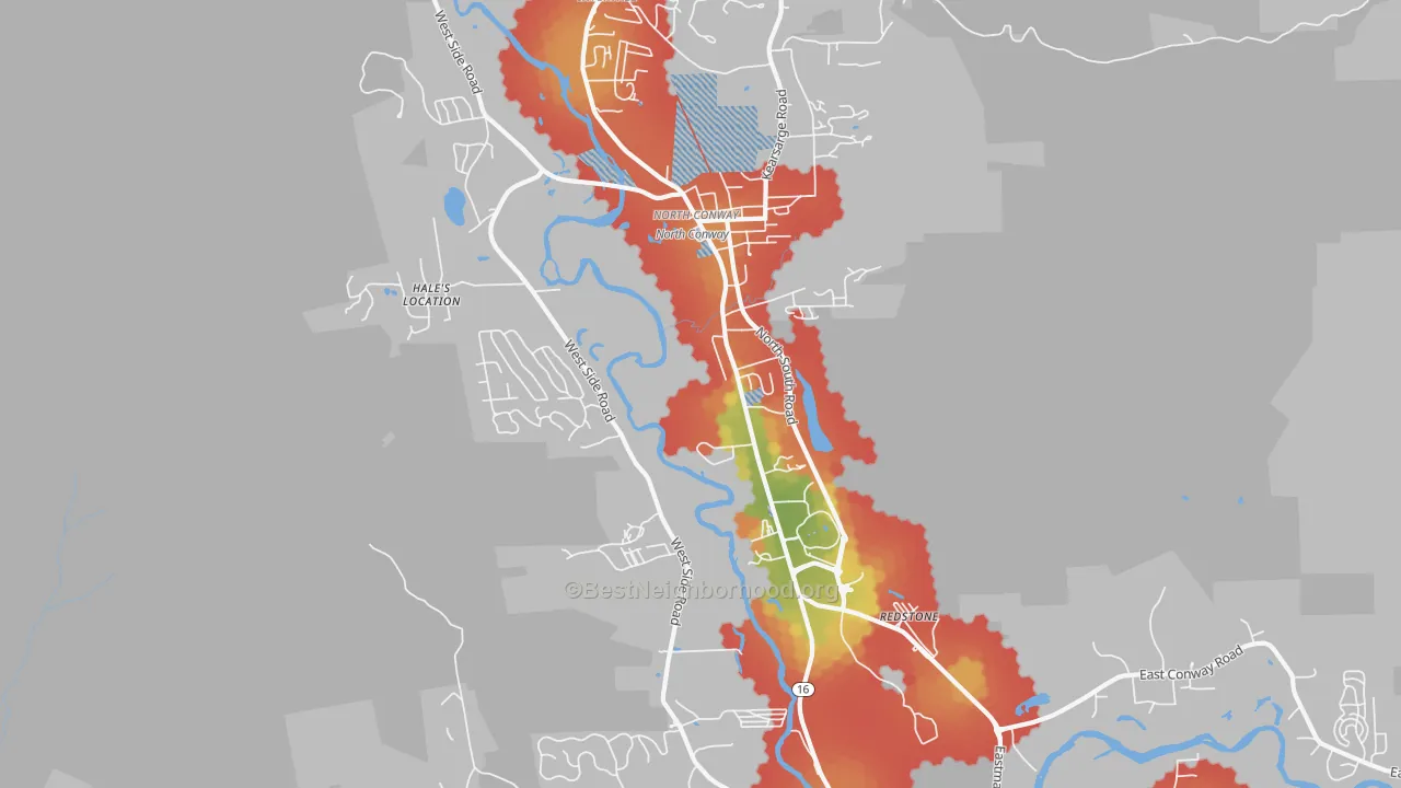 Walk Grade map of 03860, NH, walkable areas in green and car-dependent areas in red