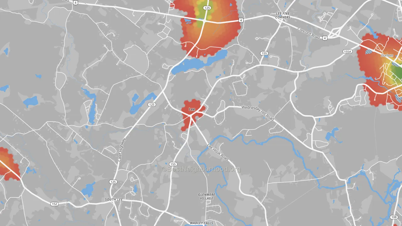 Walk Grade map of 03861, NH, walkable areas in green and car-dependent areas in red