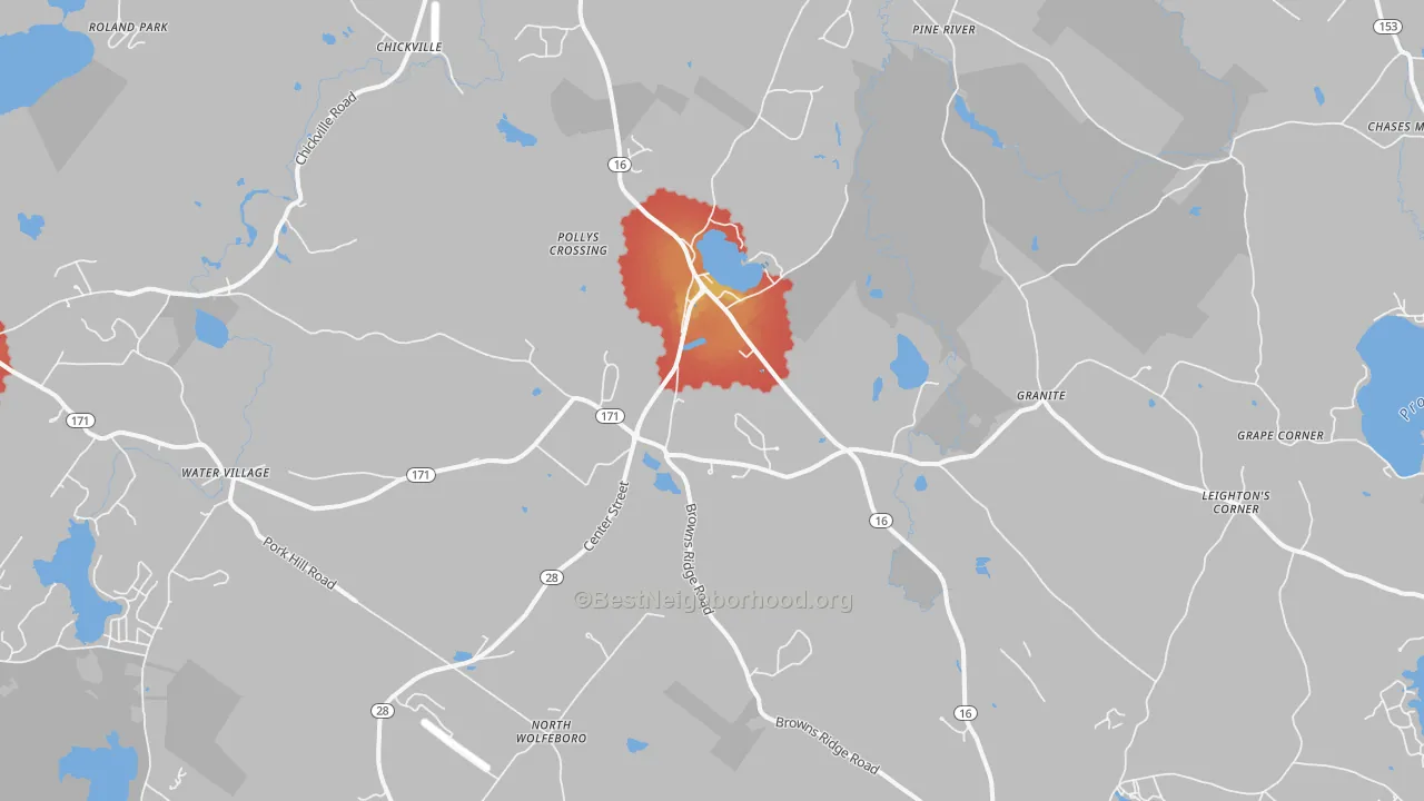 Walk Grade map of 03864, NH, walkable areas in green and car-dependent areas in red