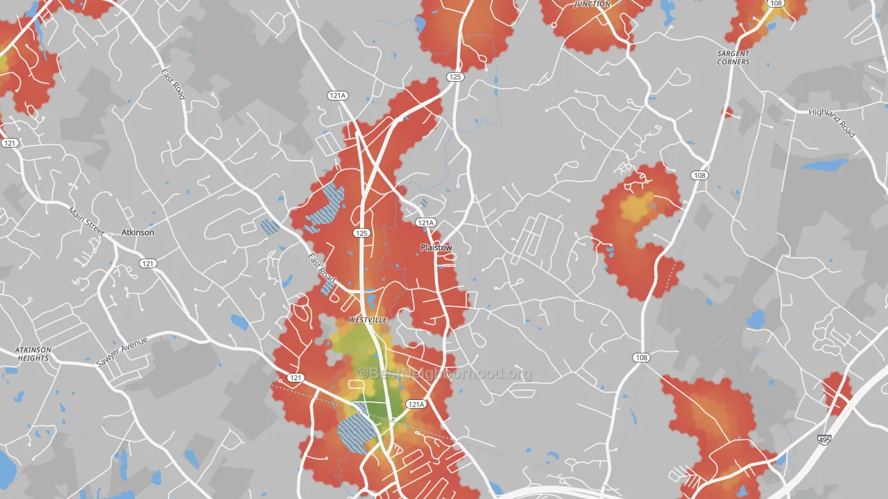 Walk Grade map of 03865, NH, walkable areas in green and car-dependent areas in red